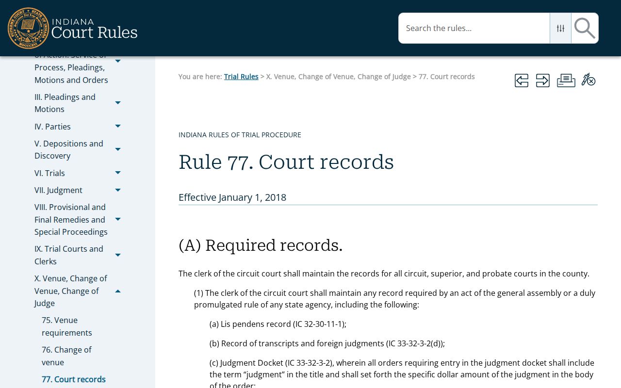 Indiana Trial Rule 77 civil court record requirements