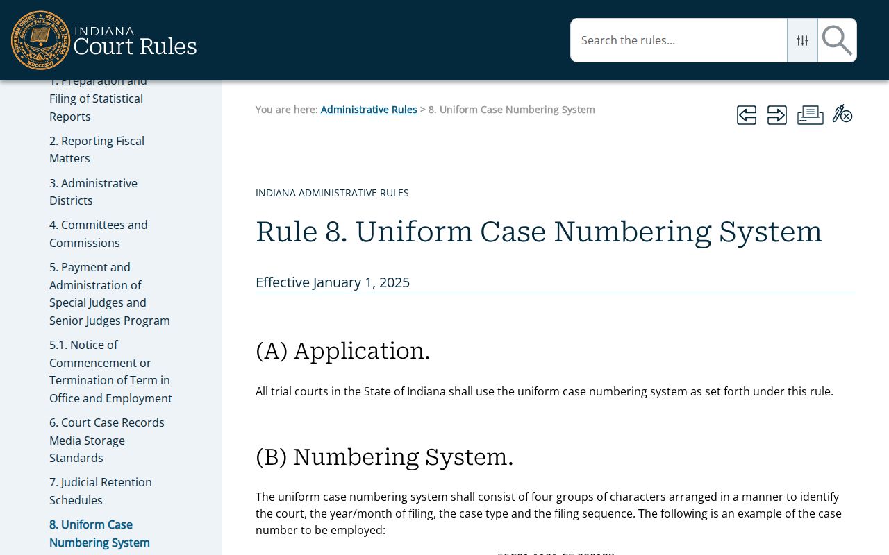 Indiana Administrative Rule 8 case numbering requirements