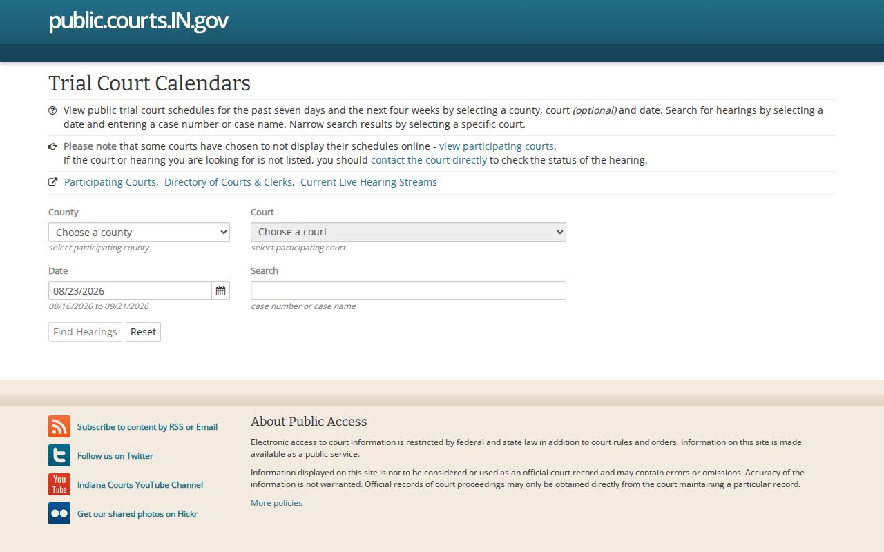 Indiana Trial Court Calendars search form with county, court, date, and case fields