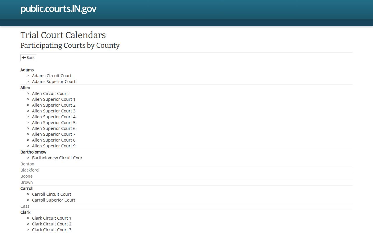 Indiana Court Calendar participating-courts list showing no Clay County court