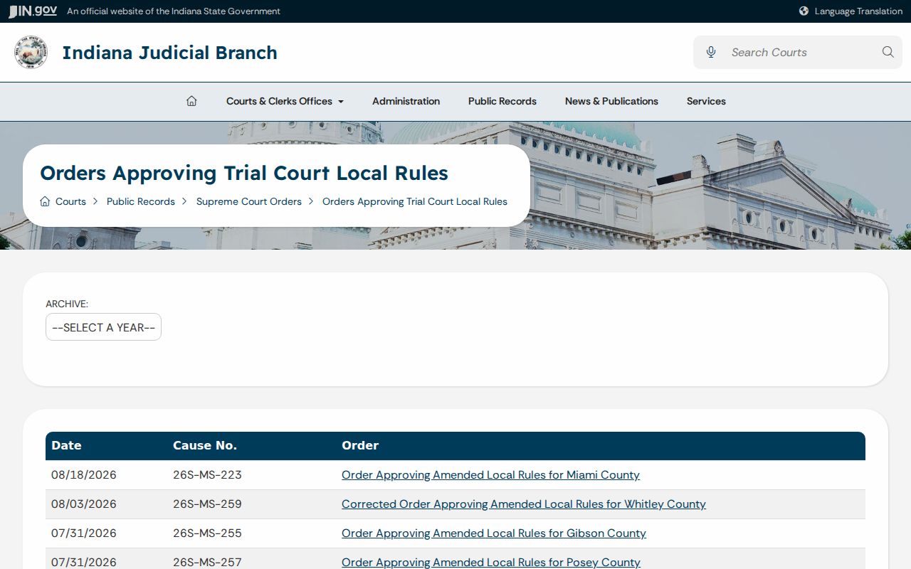 Clay County Knightsville court docket local rule approval orders
